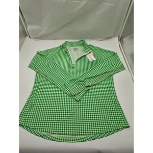 New Women's Walter Hagen P11 UV Protection Quarter Zip Green Gingham Golf Large